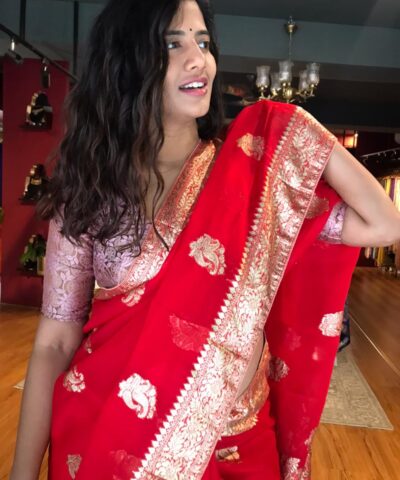 Red Organza Saree with Gold Zari Buttis