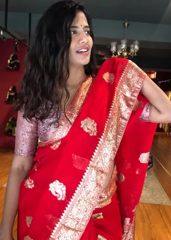 Red Organza Saree with Gold Zari Buttis