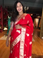 Red Organza Saree with Gold Zari Buttis - Image 3