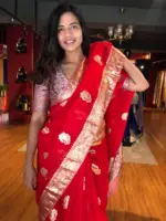 Red Organza Saree with Gold Zari Buttis - Image 4