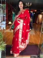 Red Organza Saree with Gold Zari Buttis - Image 2