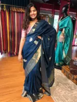 Ocean Blue Dola Silk Saree with Beautiful Hand Embroidery - Image 4