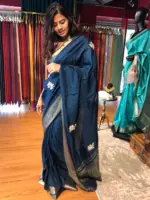 Ocean Blue Dola Silk Saree with Beautiful Hand Embroidery - Image 5