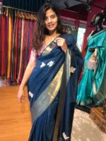 Ocean Blue Dola Silk Saree with Beautiful Hand Embroidery - Image 3
