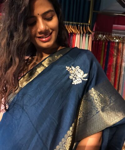 Ocean Blue Dola Silk Saree with Beautiful Hand Embroidery