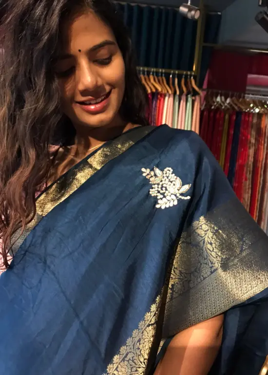 Ocean Blue Dola Silk Saree with Beautiful Hand Embroidery