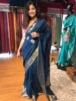 Ocean Blue Dola Silk Saree with Beautiful Hand Embroidery - Image 2
