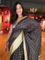 Grey Organza Silk Saree with Gold Zari Checks - Image 6