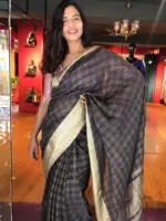 Grey Organza Silk Saree with Gold Zari Checks - Image 4