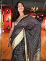 Grey Organza Silk Saree with Gold Zari Checks - Image 5