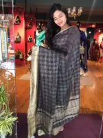 Grey Organza Silk Saree with Gold Zari Checks - Image 3