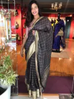 Grey Organza Silk Saree with Gold Zari Checks - Image 2