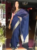 Navyblue Organza Silk Saree with Gold Zari Weaves highlighted with Sequins Embroidery - Image 2
