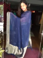 Navyblue Organza Silk Saree with Gold Zari Weaves highlighted with Sequins Embroidery - Image 5