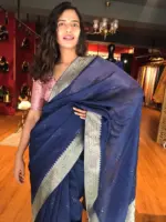 Navyblue Organza Silk Saree with Gold Zari Weaves highlighted with Sequins Embroidery - Image 3