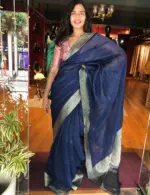 Navyblue Organza Silk Saree with Gold Zari Weaves highlighted with Sequins Embroidery - Image 4