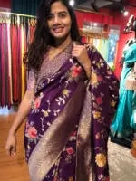 Dark Purple Muga Silk Saree with Beautiful Meenakari Weaves highlighted with Gold Zari - Image 3