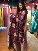 Dark Purple Muga Silk Saree with Beautiful Meenakari Weaves highlighted with Gold Zari - Image 6