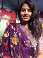 Dark Purple Muga Silk Saree with Beautiful Meenakari Weaves highlighted with Gold Zari