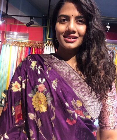 Dark Purple Muga Silk Saree with Beautiful Meenakari Weaves highlighted with Gold Zari