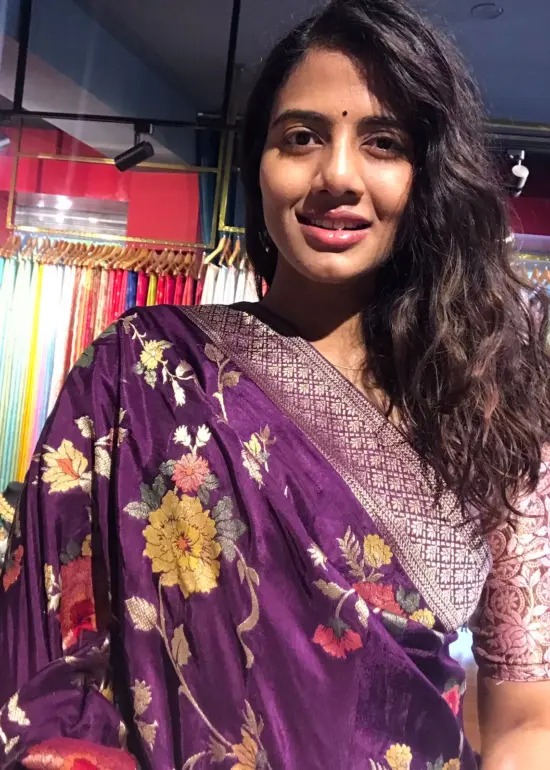 Dark Purple Muga Silk Saree with Beautiful Meenakari Weaves highlighted with Gold Zari