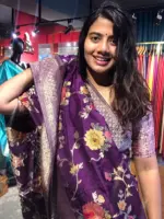 Dark Purple Muga Silk Saree with Beautiful Meenakari Weaves highlighted with Gold Zari - Image 5