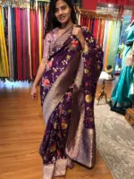 Dark Purple Muga Silk Saree with Beautiful Meenakari Weaves highlighted with Gold Zari - Image 2