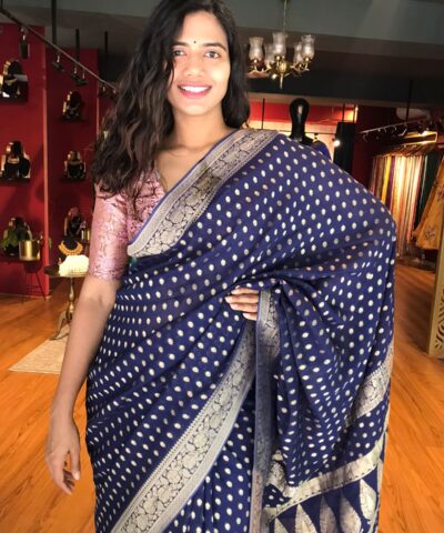 Navyblue Banarasi Silk Saree in Georgette adorned with Gold Zari Weaves