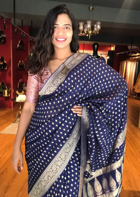 Navyblue Banarasi Silk Saree in Georgette adorned with Gold Zari Weaves