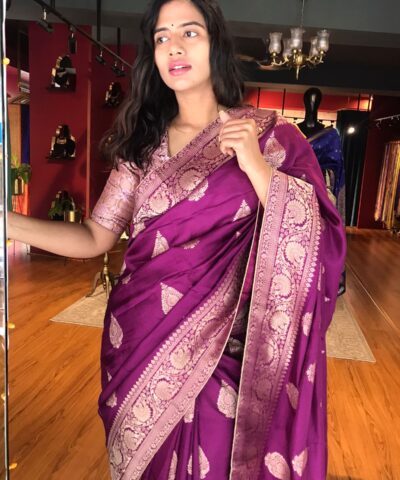 Magenta Purple Dola Silk Saree with Gold Zari  Weaves