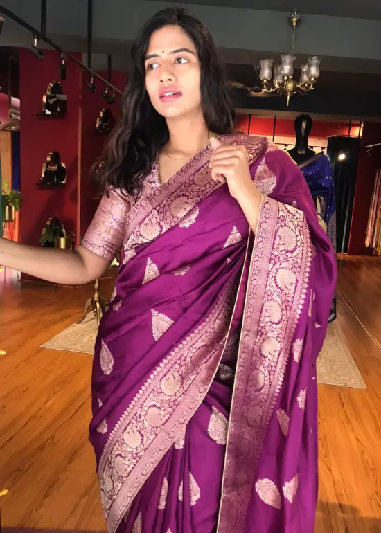 Magenta Purple Dola Silk Saree with Gold Zari  Weaves