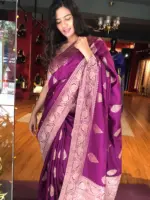 Magenta Purple Dola Silk Saree with Gold Zari  Weaves - Image 5