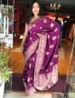 Magenta Purple Dola Silk Saree with Gold Zari  Weaves - Image 3