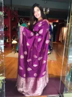 Magenta Purple Dola Silk Saree with Gold Zari  Weaves - Image 4