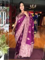 Magenta Purple Dola Silk Saree with Gold Zari  Weaves - Image 2