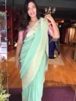Mint Green Banarasi Georgette Silk Saree highlighted with Zari Buttas - Image 5