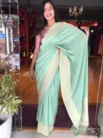 Mint Green Banarasi Georgette Silk Saree highlighted with Zari Buttas - Image 2