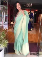 Mint Green Banarasi Georgette Silk Saree highlighted with Zari Buttas - Image 4