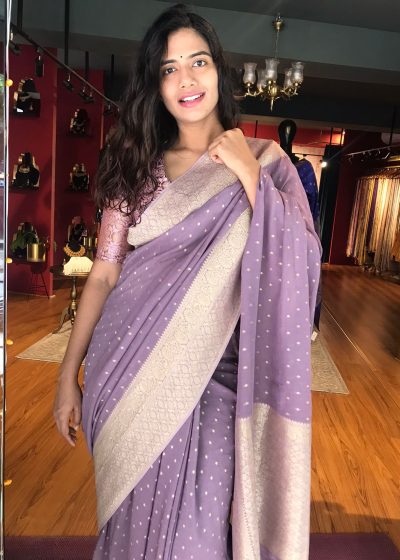 Lilac Banarasi Georgette Silk Saree highlighted with Zari Buttas