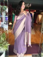 Lilac Banarasi Georgette Silk Saree highlighted with Zari Buttas - Image 4