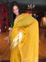 Mustard Organza Silk Saree with Gold Zari Checks - Image 7