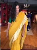 Mustard Organza Silk Saree with Gold Zari Checks - Image 6