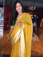 Mustard Organza Silk Saree with Gold Zari Checks - Image 3