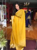 Mustard Organza Silk Saree with Gold Zari Checks - Image 4