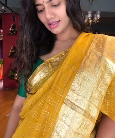 Mustard Organza Silk Saree with Gold Zari Checks