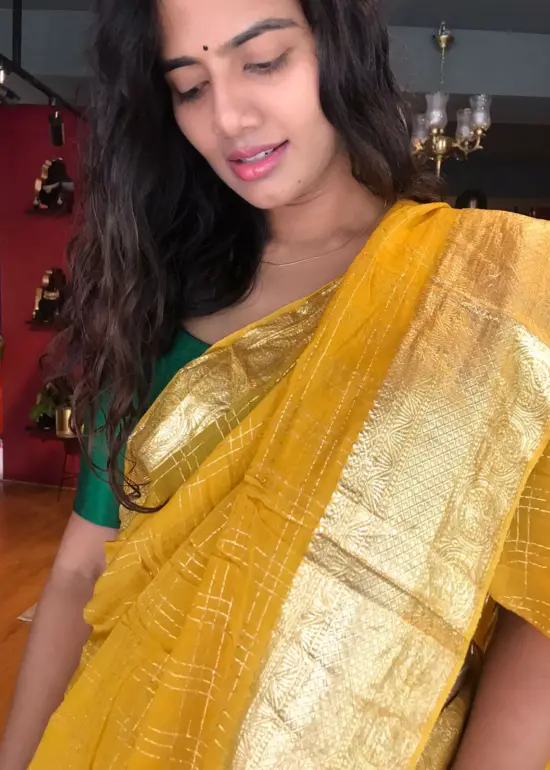 Mustard Organza Silk Saree with Gold Zari Checks