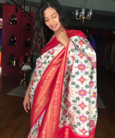 White Banarasi Silk Saree adorned with Beautiful Patola Weaves