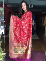 Red Banarasi Silk Saree adorned with Beautiful Patola and Paithani Weaves - Image 3