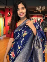 Navyblue Muga Silk Saree with Beautiful Meenakari Weaves highlighted with Gold Zari - Image 7