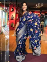 Navyblue Muga Silk Saree with Beautiful Meenakari Weaves highlighted with Gold Zari - Image 2